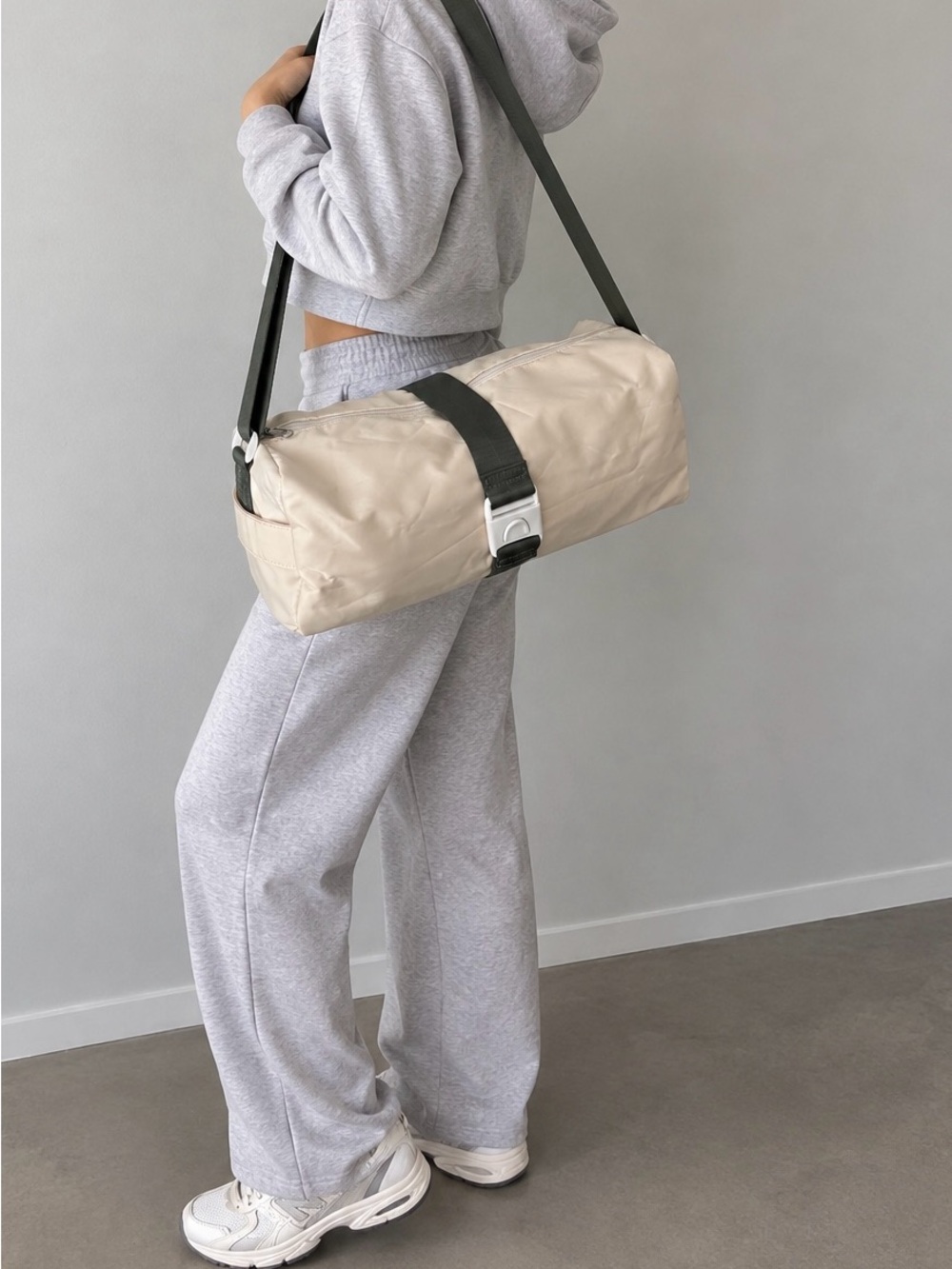 Beige Nylon Duffel Bag with Adjustable Strap